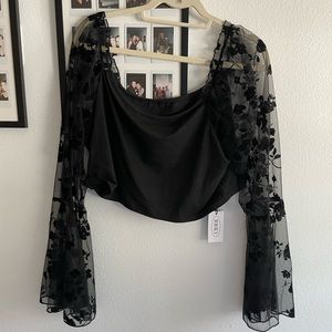 Sheer Floral Black Cropped Long-sleeve